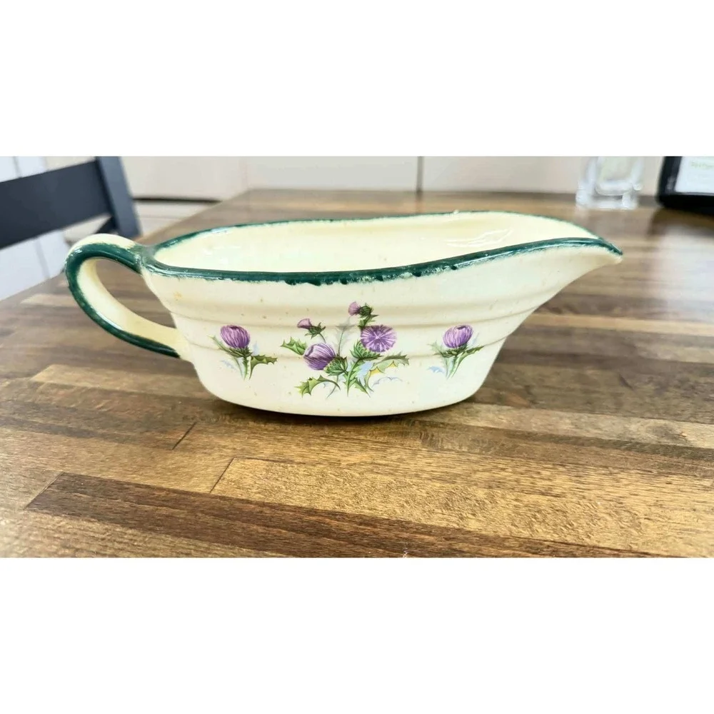 Vintage Scottish Thistle Ceramic Gravy Boat Cream Purple Floral Sauce Pitcher